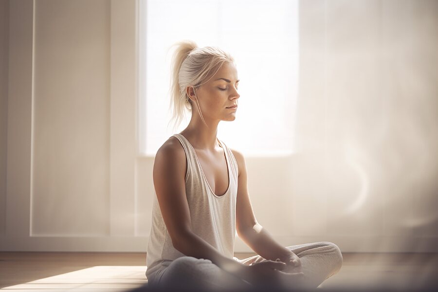 A woman sitting quietly in a sunlit room
